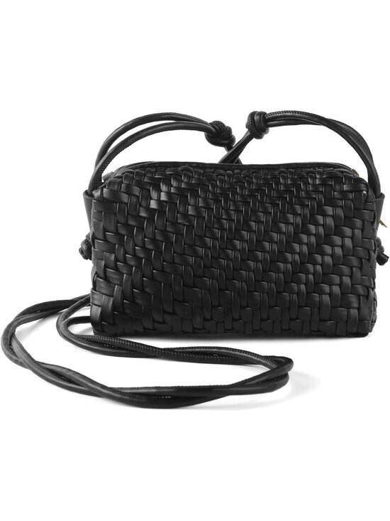 Handbags - Women's Black Small Woven Vegan Leather Zipper Imported Crossbody Bag